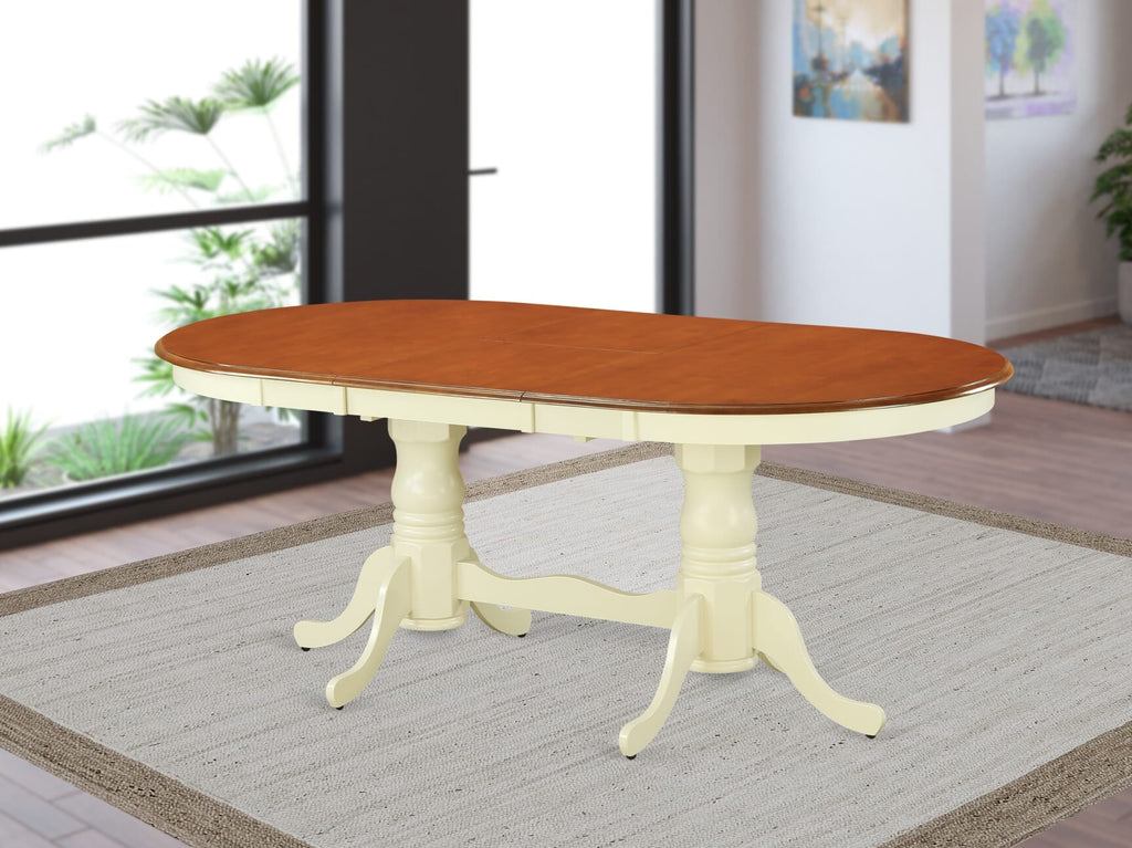 PVT-WO8-AY Stylish Oval Dining Table with Hidden Leaf and Sturdy Base in Buttermilk and Cherry, 42x78