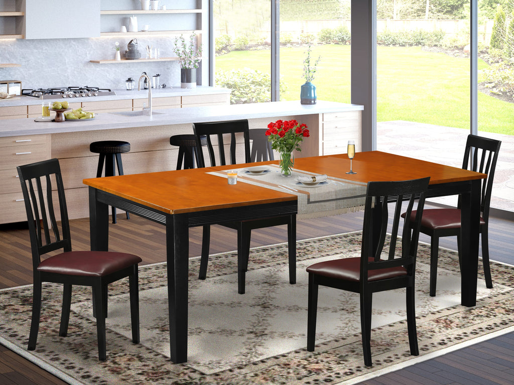 QUAN5-TTJ-IR Dining Room Ensemble Black & Cherry Table with 4 Faux Leather Chairs, Seats 5, 40x78 Inch