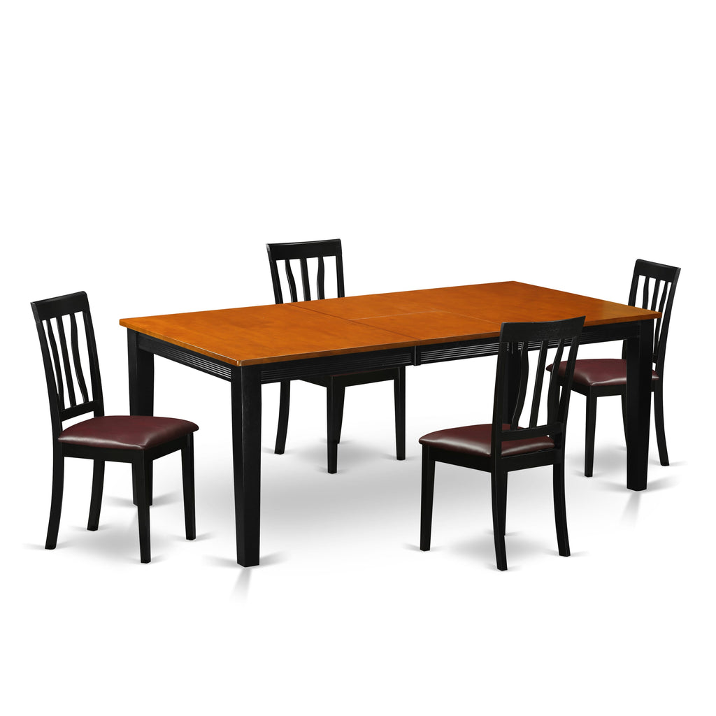 QUAN5-TTJ-IR Dining Room Ensemble Black & Cherry Table with 4 Faux Leather Chairs, Seats 5, 40x78 Inch