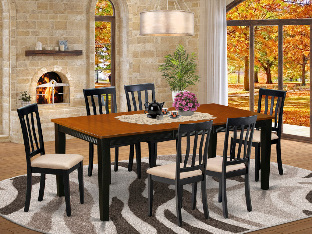 QUAN7-PCJ-M 6 Upholstered Chairs and Rectangle Table Set with Butterfly Extension, Cherry and Black, for Dining 40x78