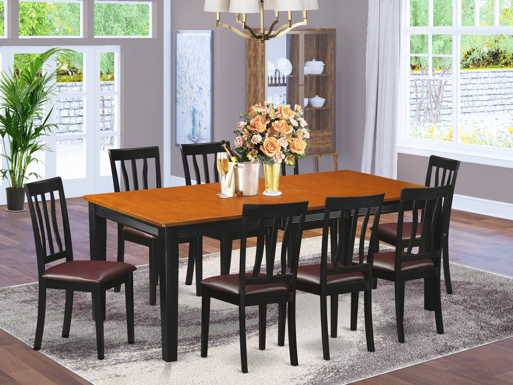 Elegant Dining Set QUAN9-Q1I-DH 9-Piece with Extended Table & 8 Faux Leather Chairs in Black and Cherry