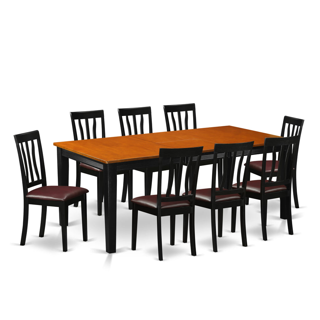 Elegant Dining Set QUAN9-Q1I-DH 9-Piece with Extended Table & 8 Faux Leather Chairs in Black and Cherry
