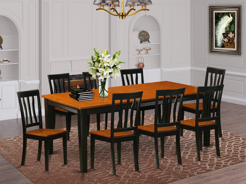 QUAN9-HP8-1 9 Piece Rectangular Dining Set with Expanding Table and 8 Wood Seat Chairs in Black & Cherry Finish