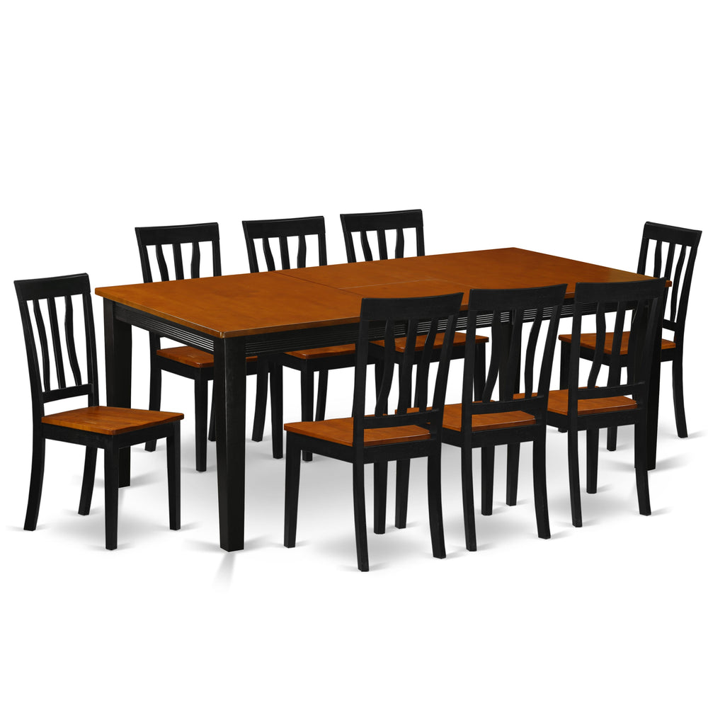QUAN9-HP8-1 9 Piece Rectangular Dining Set with Expanding Table and 8 Wood Seat Chairs in Black & Cherry Finish