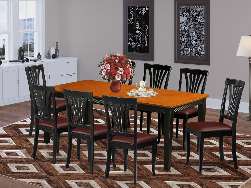 QUAV9-7K9-BR 9-Pc Rectangle Dining Set with Butterfly Leaf and 8 Leather Chairs, Cherry & Black Elegance