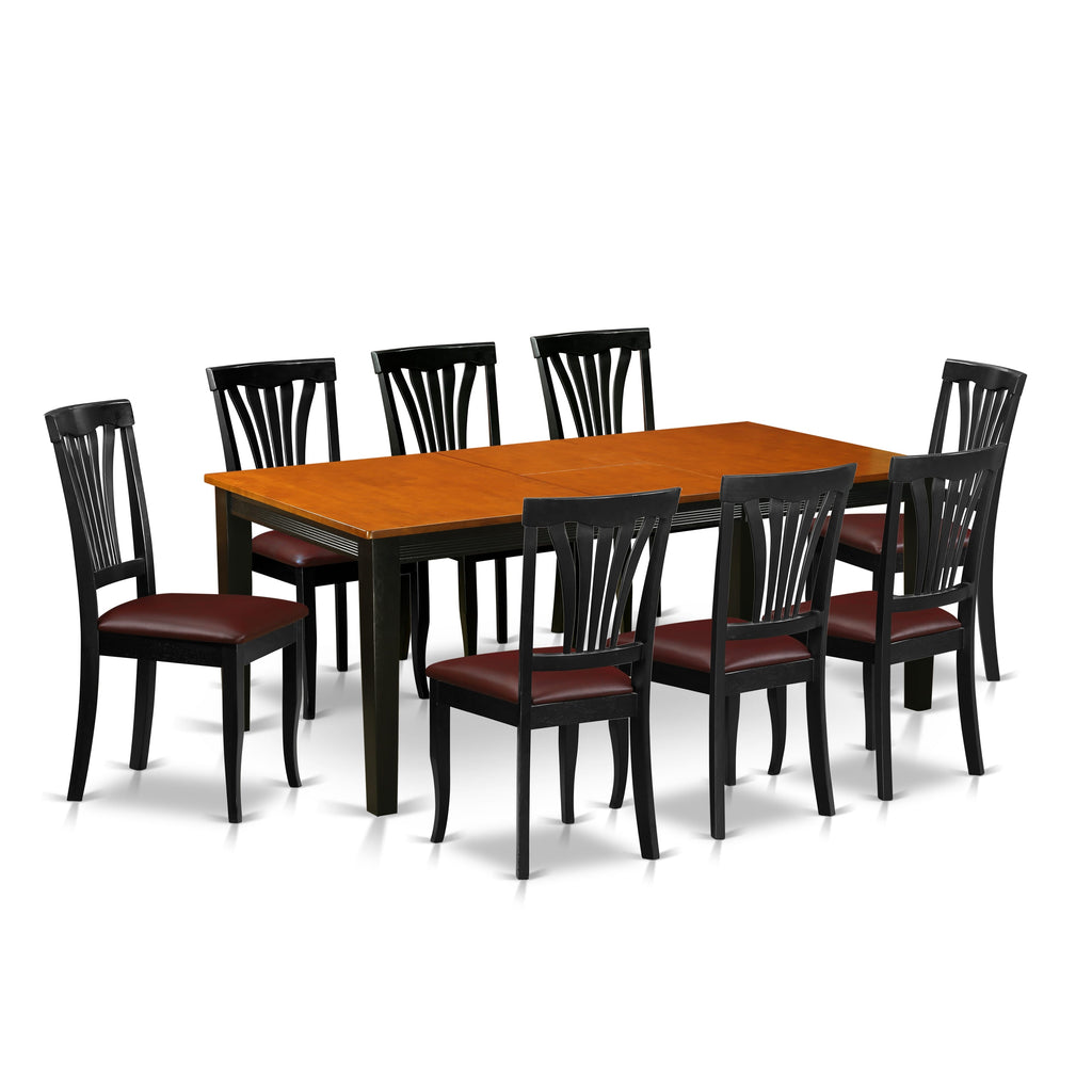 QUAV9-7K9-BR 9-Pc Rectangle Dining Set with Butterfly Leaf and 8 Leather Chairs, Cherry & Black Elegance