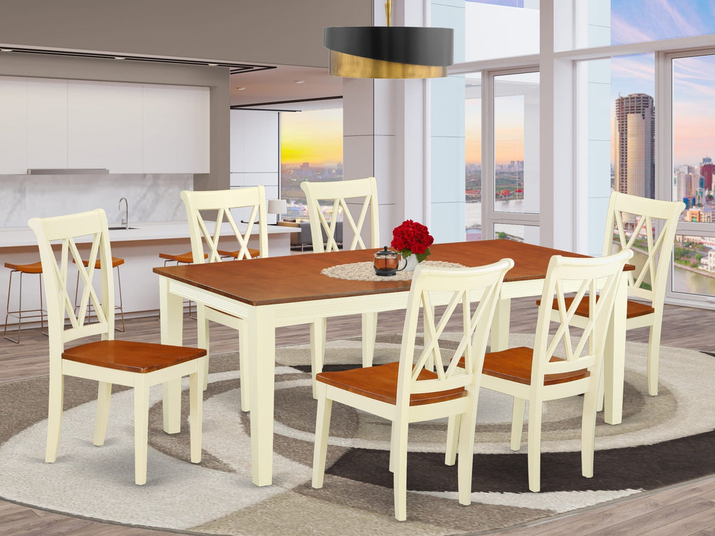 QUCL7-Y7H-W 7-Piece Dining Set - Rectangular Table with Leaf plus Six Chairs, Buttermilk & Cherry