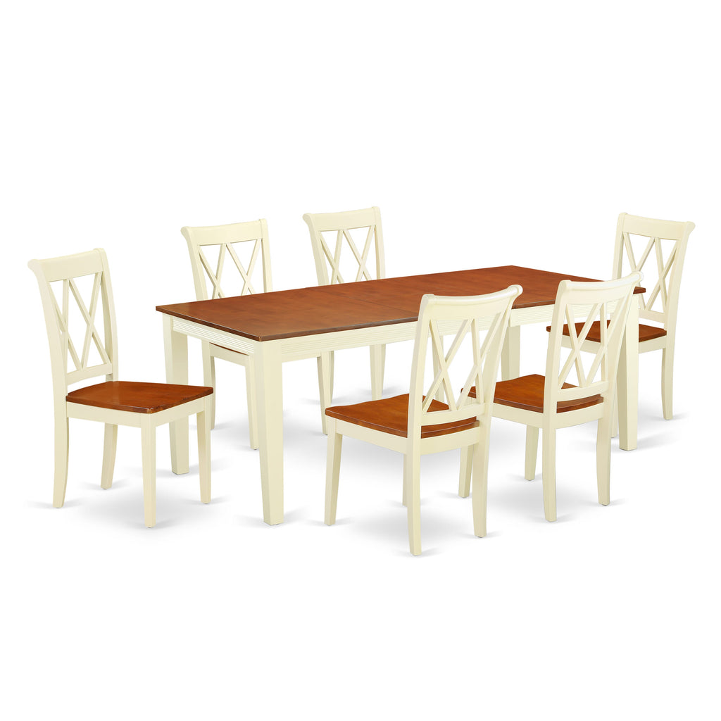 QUCL7-Y7H-W 7-Piece Dining Set - Rectangular Table with Leaf plus Six Chairs, Buttermilk & Cherry