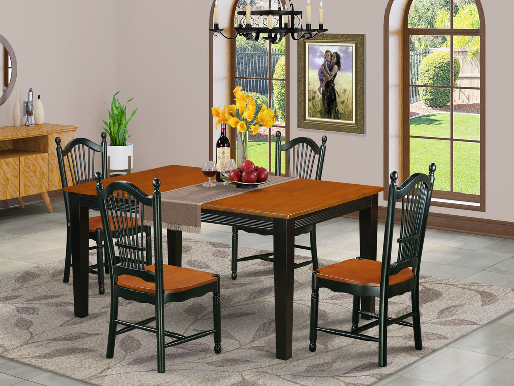 Dining Set QUDO5-6KT-8 Five-Piece Dining Table Collection, 40x78-Inch, Modeled in Black & Cherry with Expanding Leaf & Four Chairs