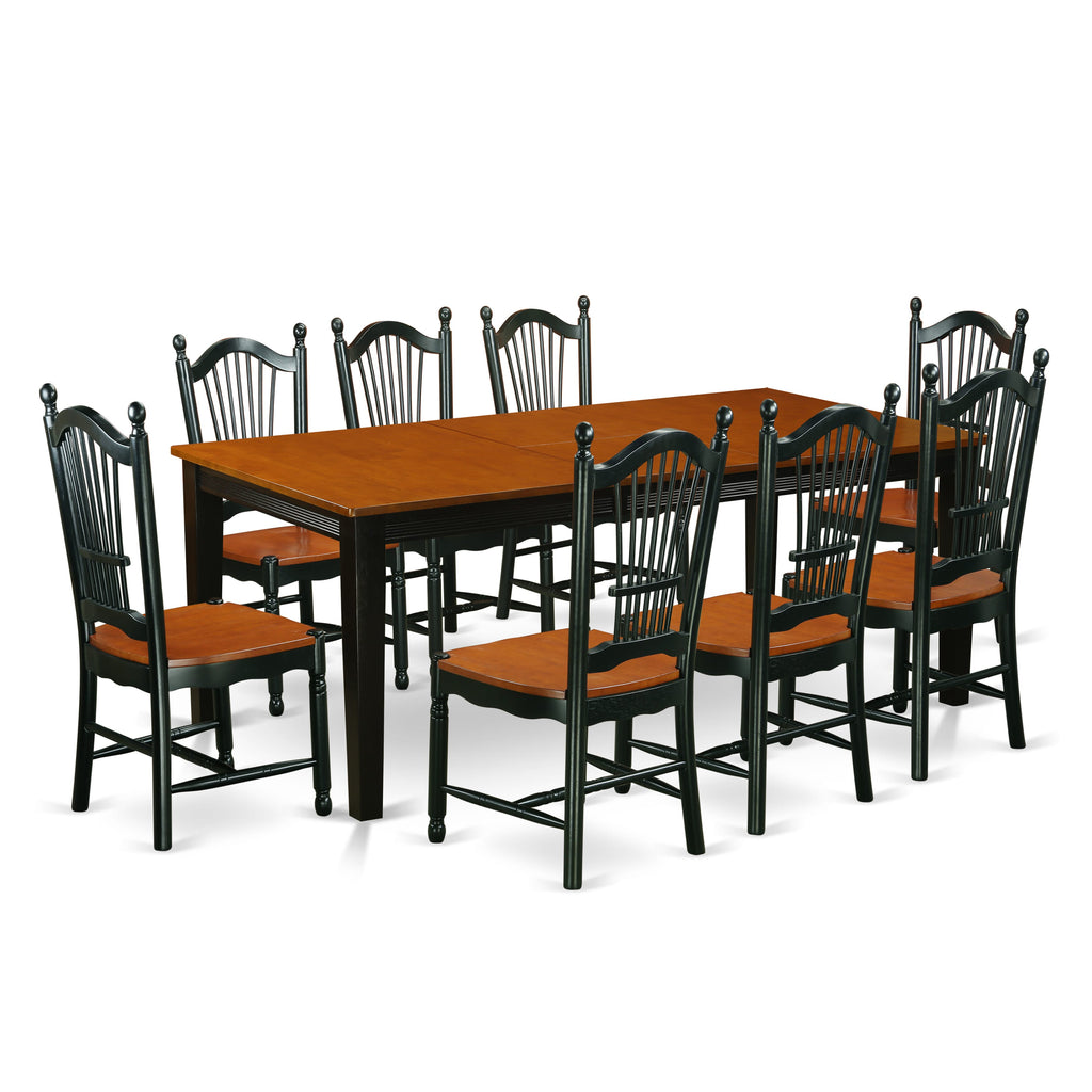 QUDO9-268-Y 9-Piece Set Elegant Rectangle Dining Table w/ Butterfly Leaf & 8 Wood Chairs, Cherry & Black Accent