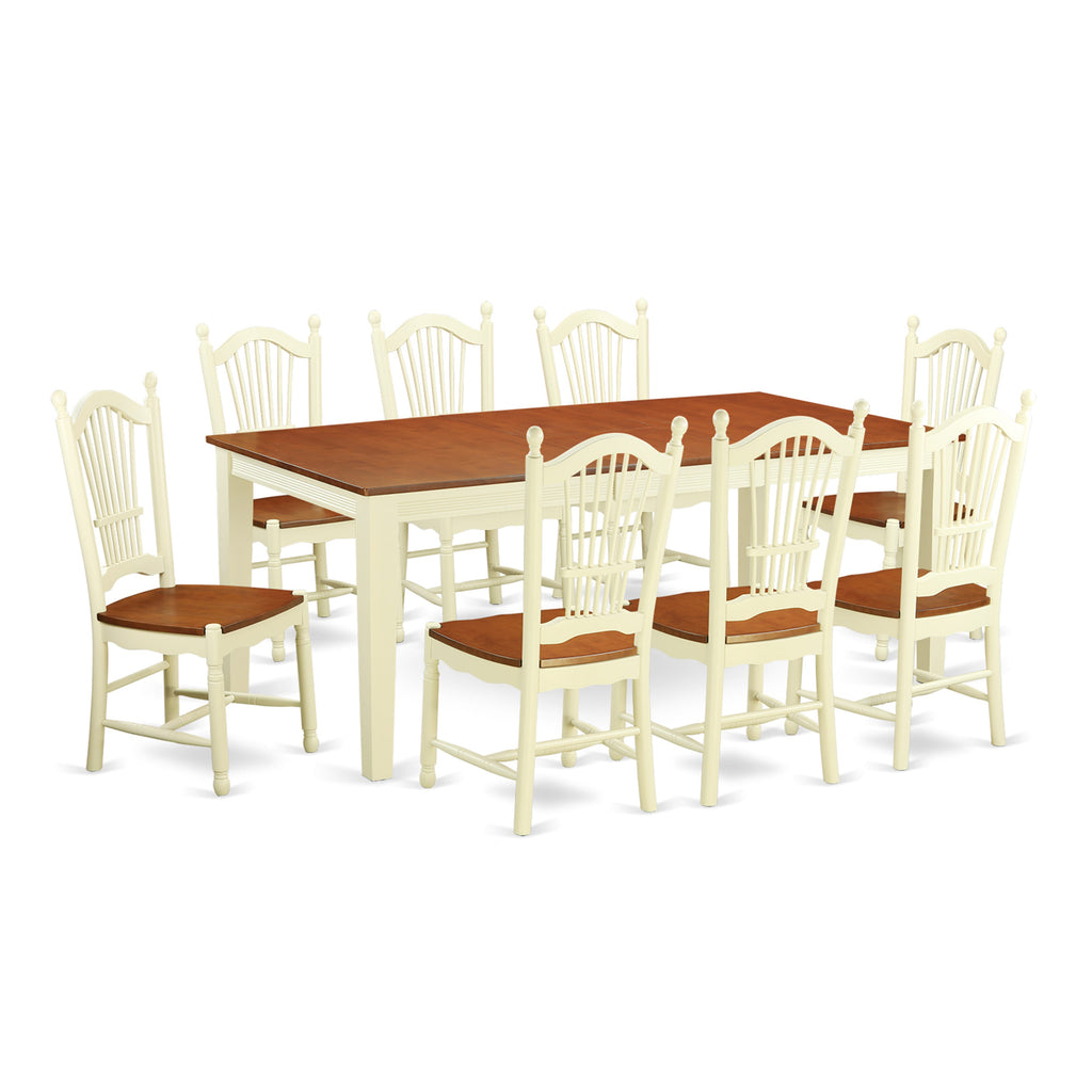 QUDO9-C47-3 9-Piece Set Spacious Kitchen Dining Table with Extension Leaf and 8 Stylish Chairs, Buttermilk & Cherry