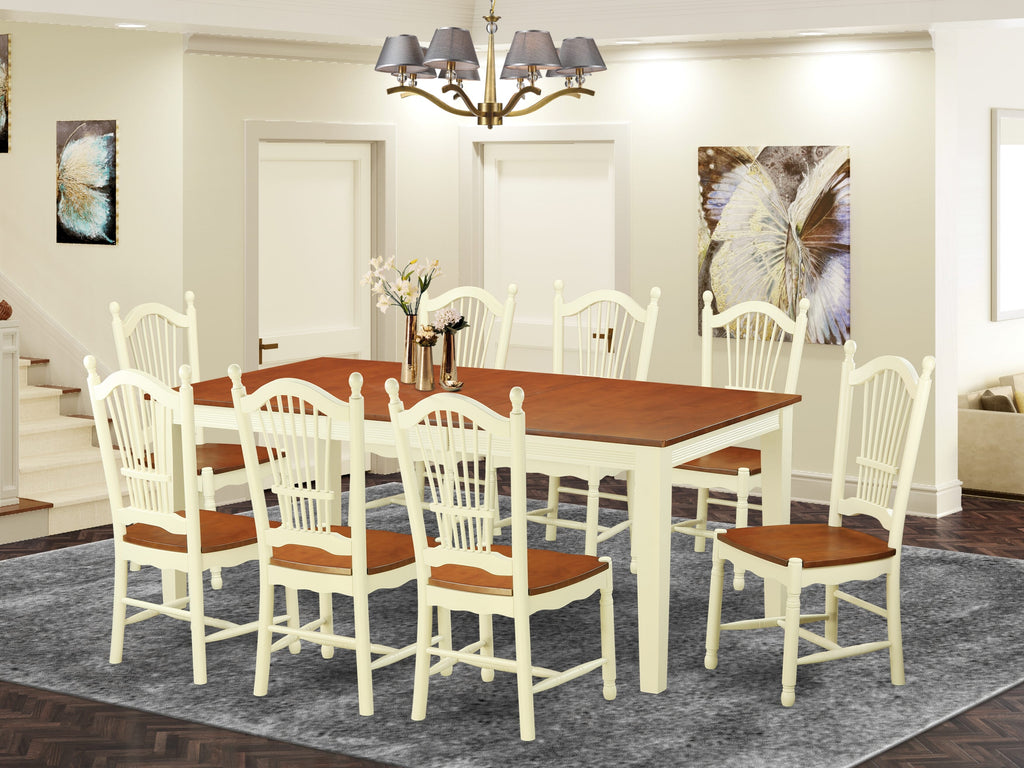 QUDO9-C47-3 9-Piece Set Spacious Kitchen Dining Table with Extension Leaf and 8 Stylish Chairs, Buttermilk & Cherry