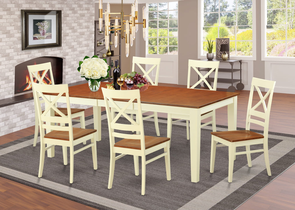 QUIN7-KR6-7 Elegant Buttermilk & Cherry 7-Piece Dining Ensemble with Leaf Extension and 6 Chairs