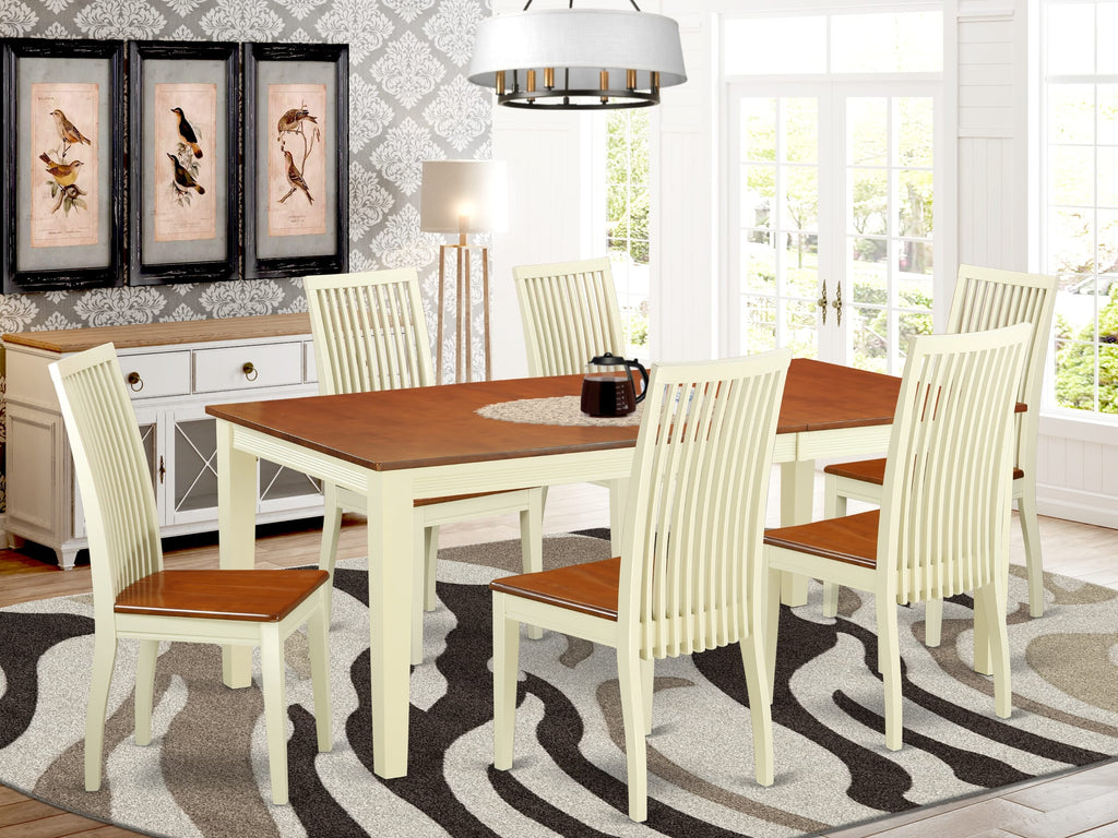 QUIP7 Variety 7-Piece Dining Ensemble with Extended Leaf & Six Chairs, Buttermilk Cherry Finish