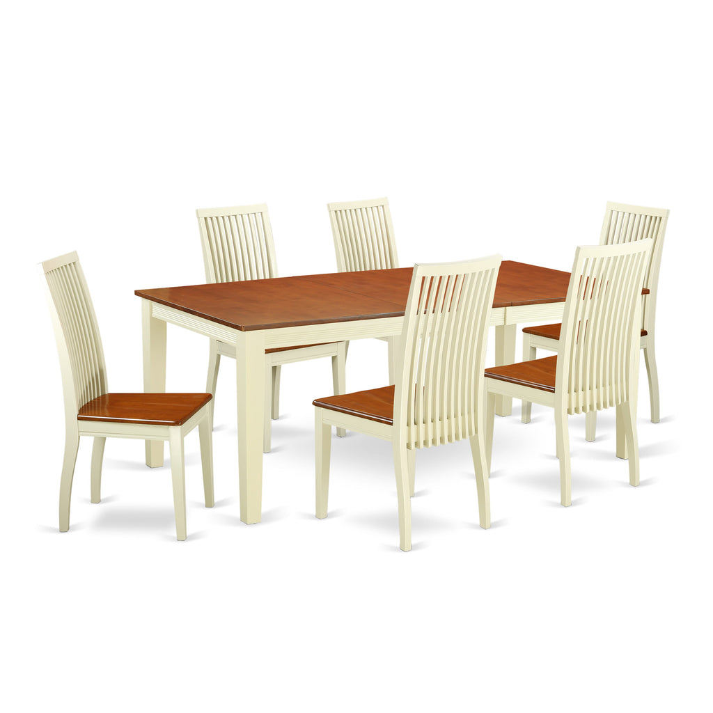 QUIP7 Variety 7-Piece Dining Ensemble with Extended Leaf & Six Chairs, Buttermilk Cherry Finish