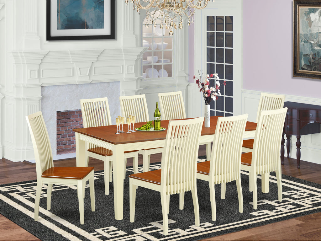 QUIP9-V1L-Z 9-Pc Dining Set with Butterfly Leaf Rectangular Table, 8 Chairs in Buttermilk & Cherry