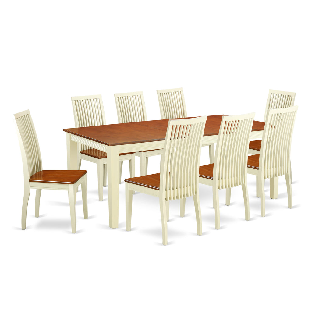 QUIP9-V1L-Z 9-Pc Dining Set with Butterfly Leaf Rectangular Table, 8 Chairs in Buttermilk & Cherry