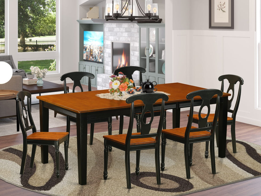 QUKE7-JZJ-L 7-Piece Rectangular Dining Table Set with Butterfly Leaf and Six Wooden Chairs, 40x78, Black & Cherry Finish