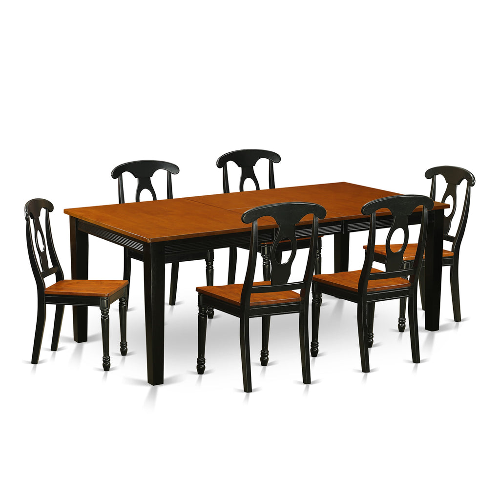 QUKE7-JZJ-L 7-Piece Rectangular Dining Table Set with Butterfly Leaf and Six Wooden Chairs, 40x78, Black & Cherry Finish
