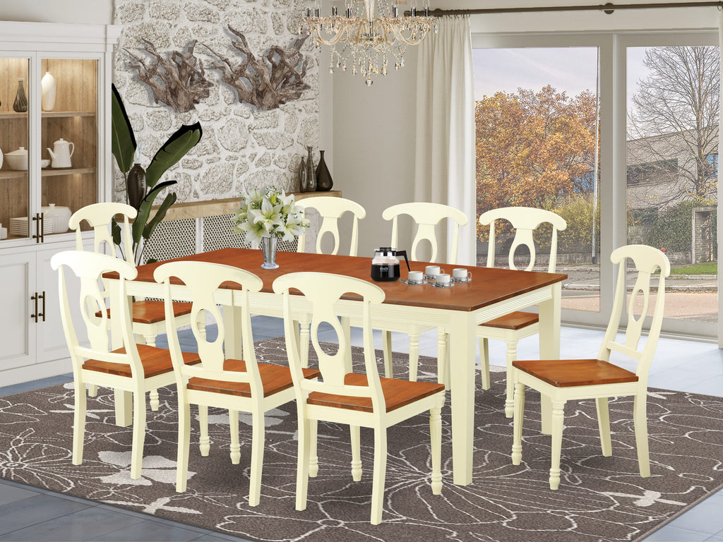 QUKE9-MUL-4 Elegant Dining Set with Butterfly Leaf Table and 8 Chairs, Buttermilk & Cherry Finish