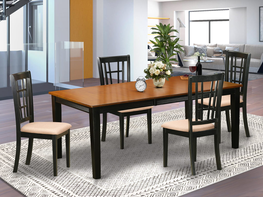QUNI5-VIQ-I 5-Piece Dining Ensemble with Rectangular Table, Butterfly Extension & 4 Fabric Seats, 40x78 in Black Cherry Finish