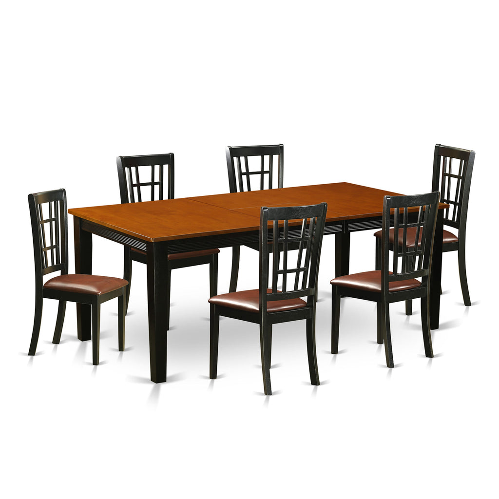 Dining Set QUNI7-L1M-5X 7-Piece Table Collection, Elegant Wood Table with Leaf & Luxury Leather Chairs