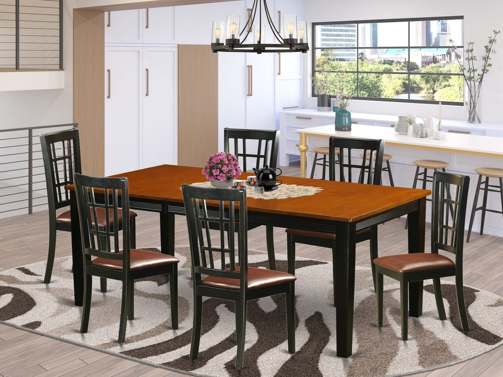 Dining Set QUNI7-L1M-5X 7-Piece Table Collection, Elegant Wood Table with Leaf & Luxury Leather Chairs