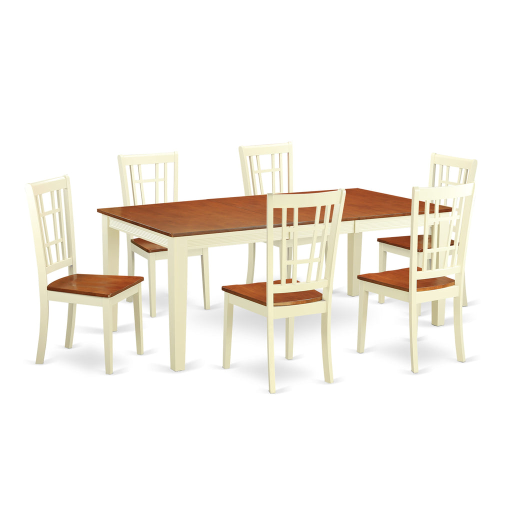 QUNI7-PO8-K 7-Piece Dining Collection Rectangular Table with Leaf & Six Chairs, Buttermilk & Cherry Finish