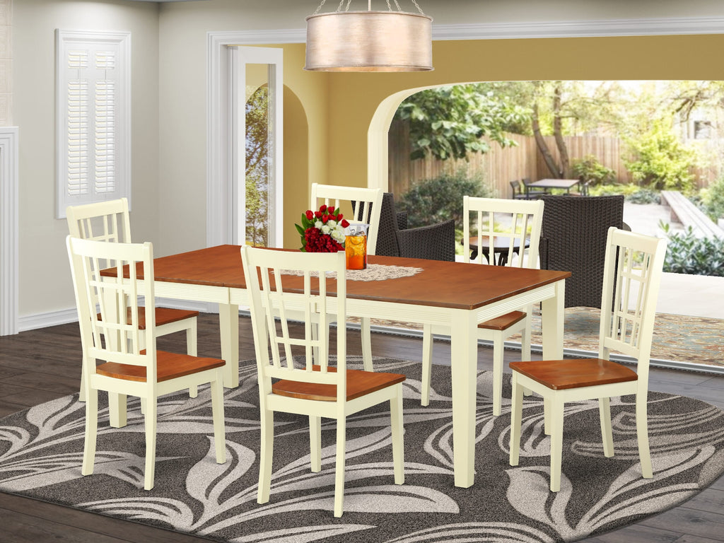 QUNI7-PO8-K 7-Piece Dining Collection Rectangular Table with Leaf & Six Chairs, Buttermilk & Cherry Finish