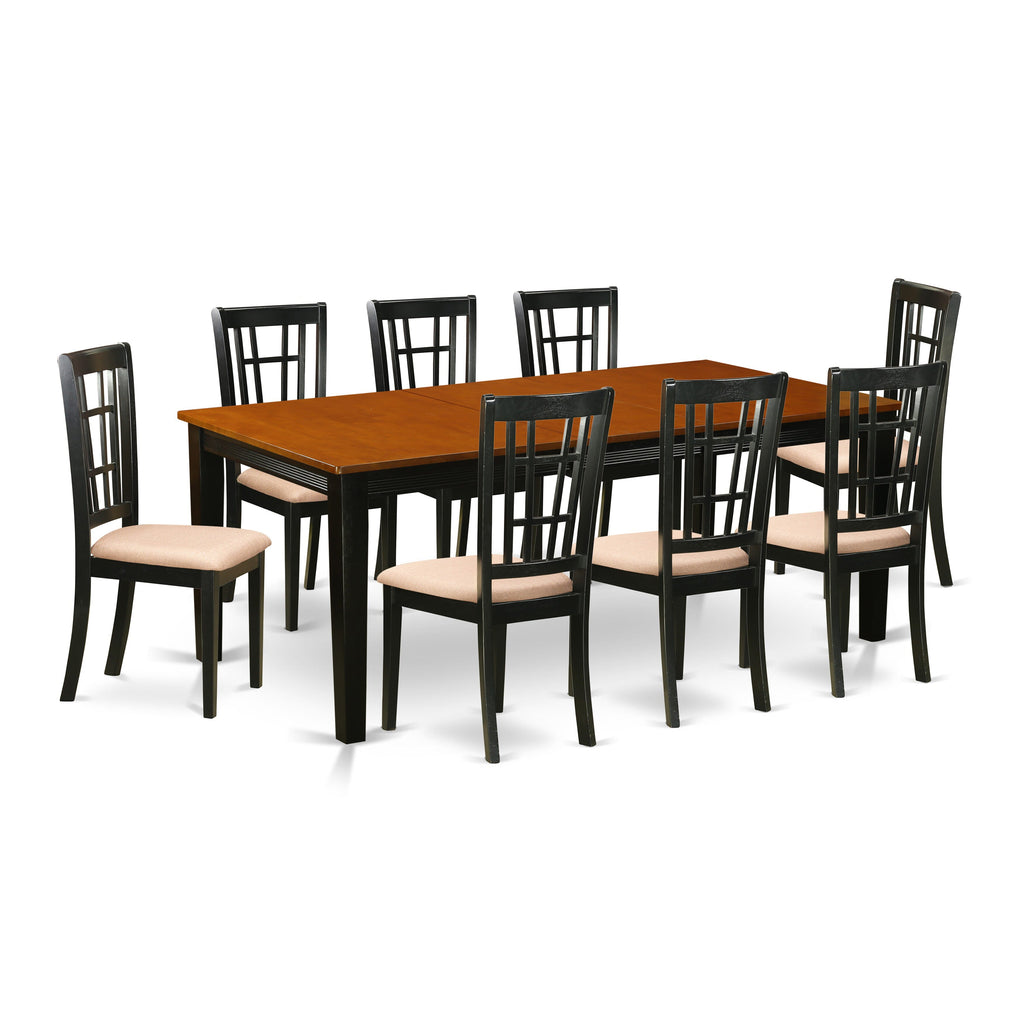 QUNI9-XL0-X 9-Piece Dining Set Extendable Rectangle Table & 8 Chairs with Linen Upholstery, Black & Cherry Finish, 40x78