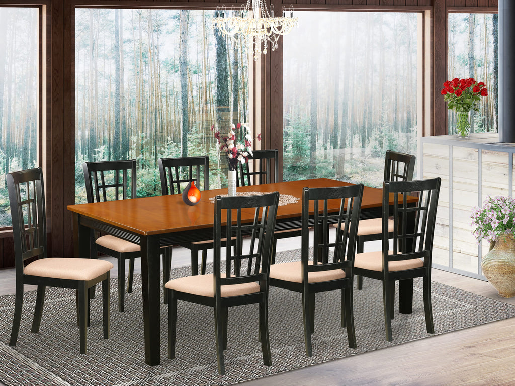 QUNI9-XL0-X 9-Piece Dining Set Extendable Rectangle Table & 8 Chairs with Linen Upholstery, Black & Cherry Finish, 40x78
