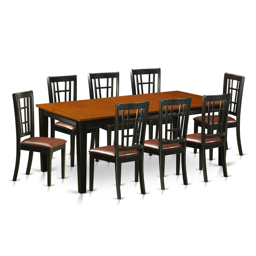 QUNI9-G1Z-JY 9-Piece Dining Ensemble with Expandable Table and Upholstered Seats, Black & Cherry, 40x78