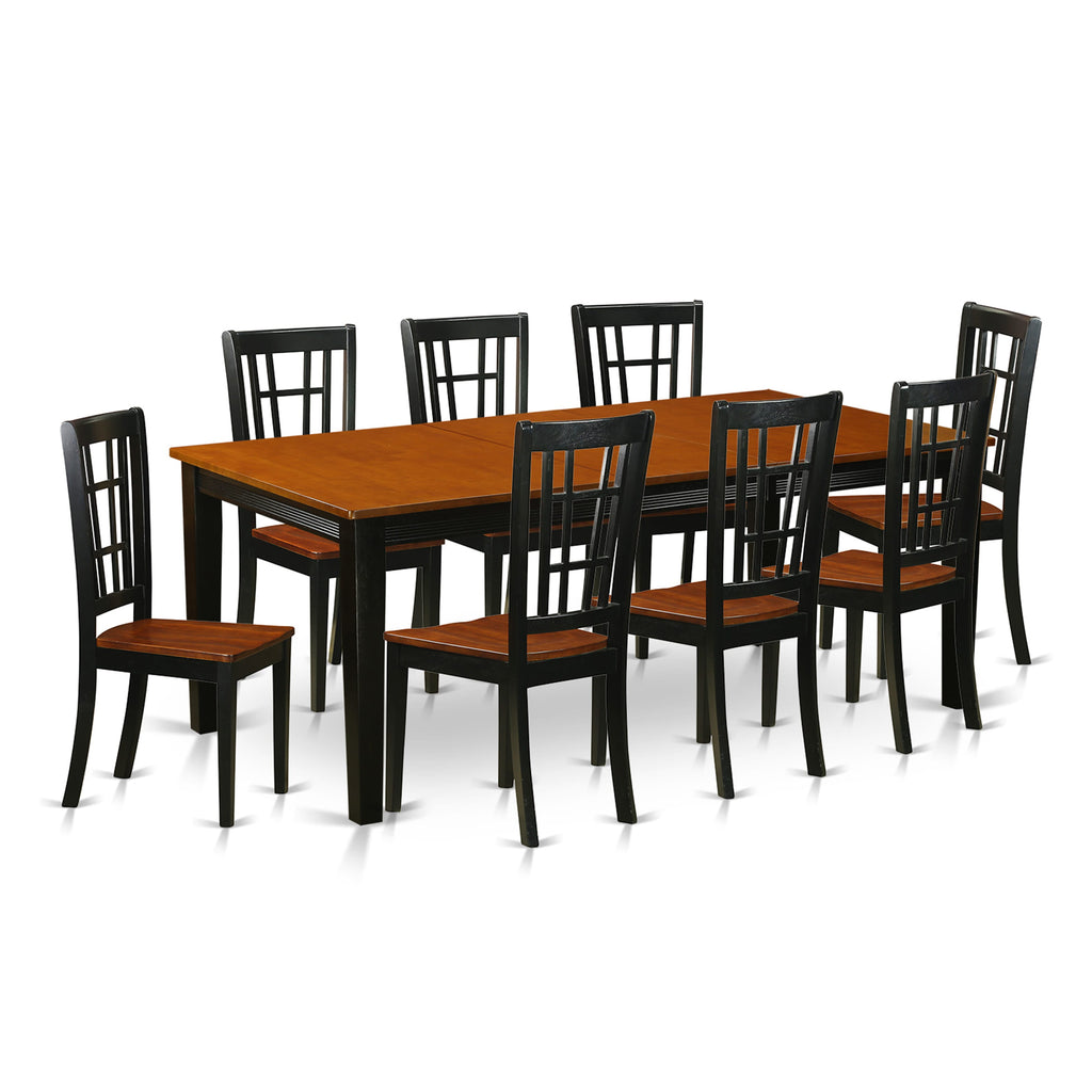 QUNI9-D5E-V Ensemble 9-Piece Rectangular Butterfly Leaf Dining Collection with 8 Seats, Black & Cherry, 40x78 Inches