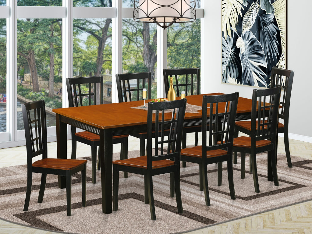QUNI9-D5E-V Ensemble 9-Piece Rectangular Butterfly Leaf Dining Collection with 8 Seats, Black & Cherry, 40x78 Inches