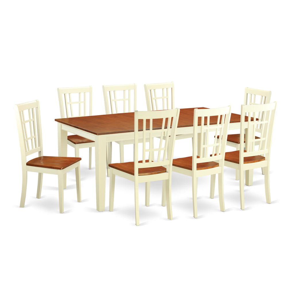 QUNI9-9GA-S Elegant 9-Seat Dining Arrangement Featuring Expanding Rectangular Table & 8 Stylish Chairs in Buttermilk & Cherry
