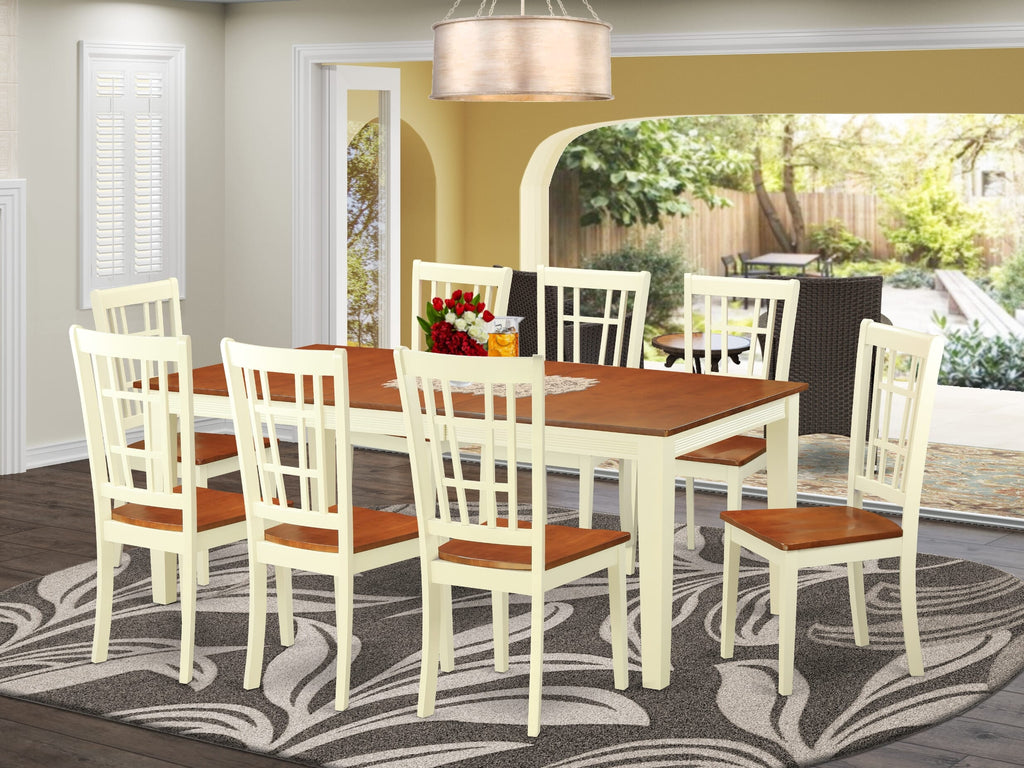 QUNI9-9GA-S Elegant 9-Seat Dining Arrangement Featuring Expanding Rectangular Table & 8 Stylish Chairs in Buttermilk & Cherry
