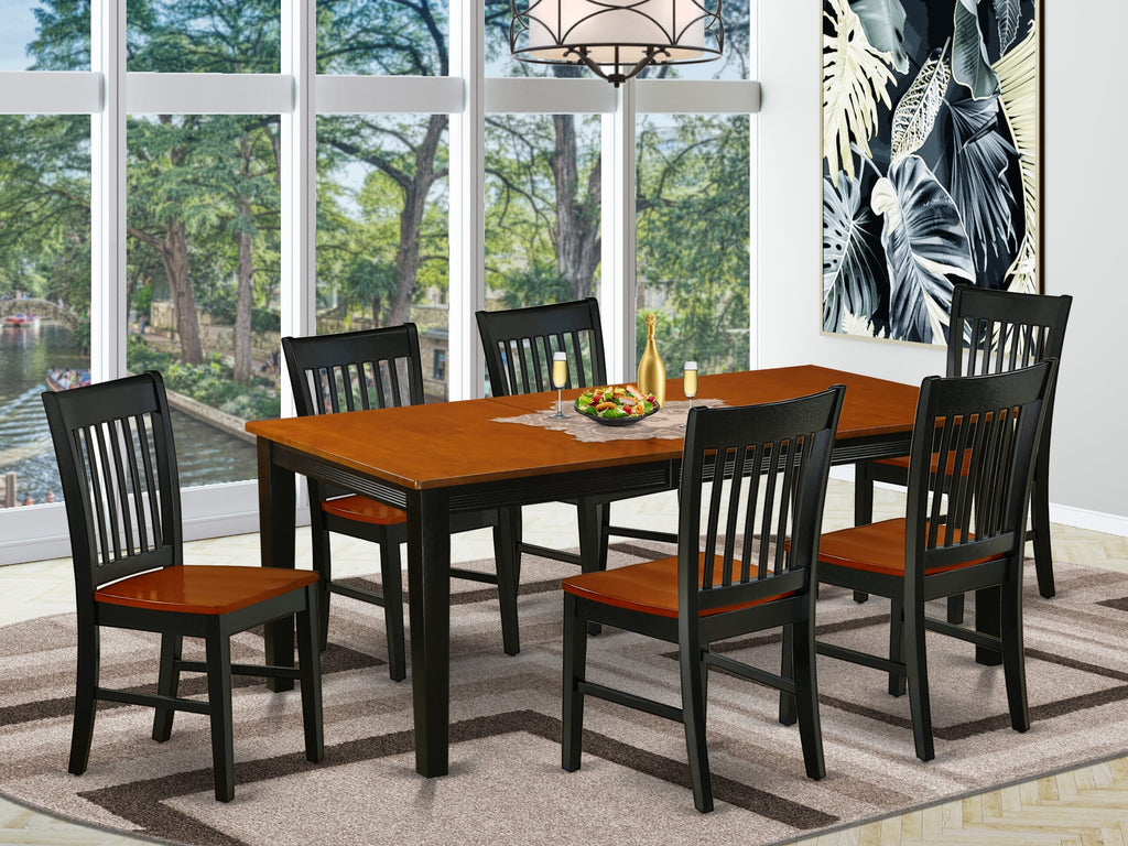 QUNO7-R7B-0 - Elegant Rectangle Dining Set with Butterfly Leaf & Six Chairs, 40x78 Inch, Black & Cherry