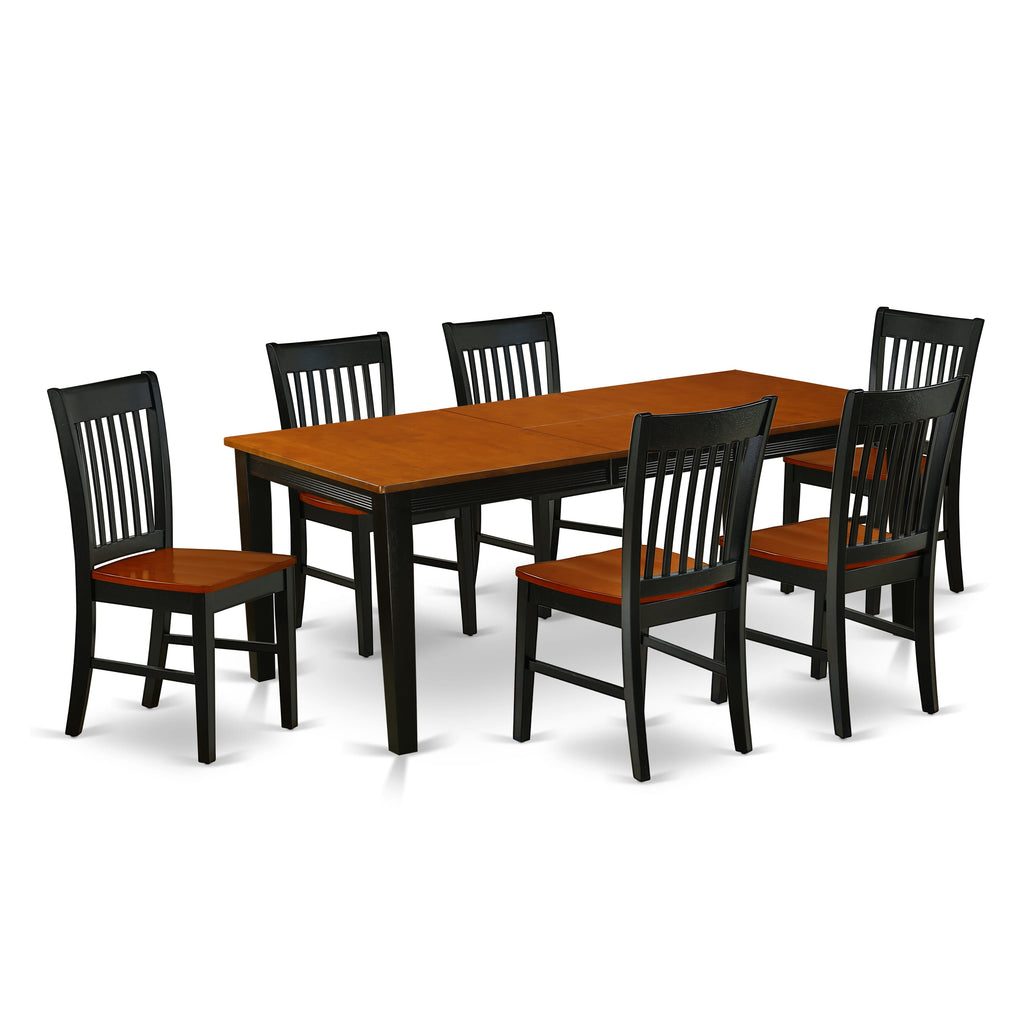 QUNO7-R7B-0 - Elegant Rectangle Dining Set with Butterfly Leaf & Six Chairs, 40x78 Inch, Black & Cherry