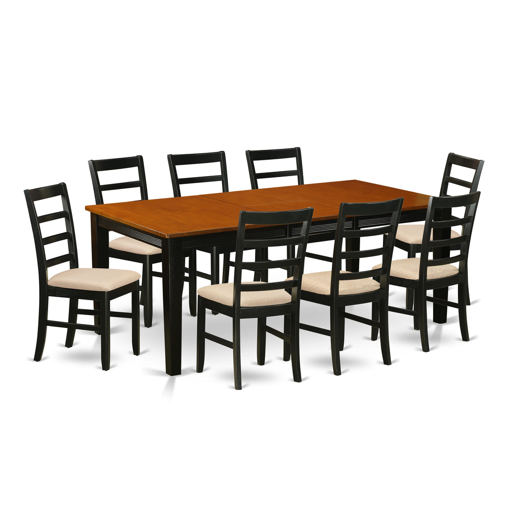 QUPF9-5HN-L 9-Piece Set Dining Table with Extension and 8 Linen Chairs, 40x78 in Black & Cherry