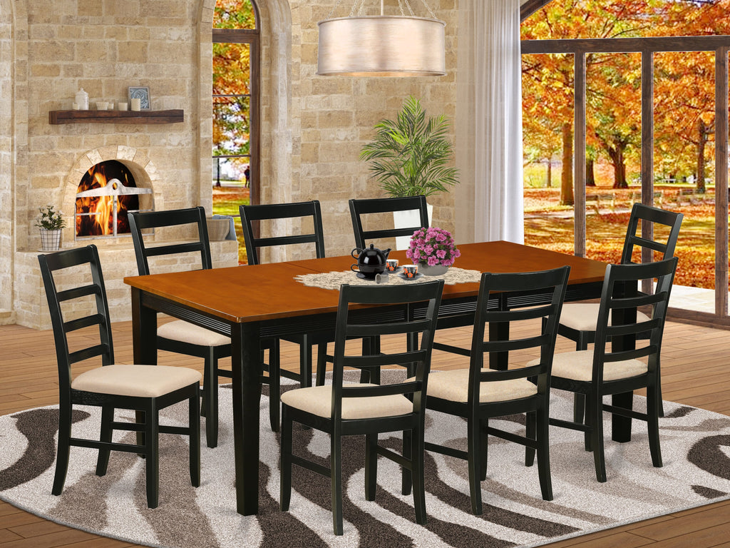 QUPF9-5HN-L 9-Piece Set Dining Table with Extension and 8 Linen Chairs, 40x78 in Black & Cherry