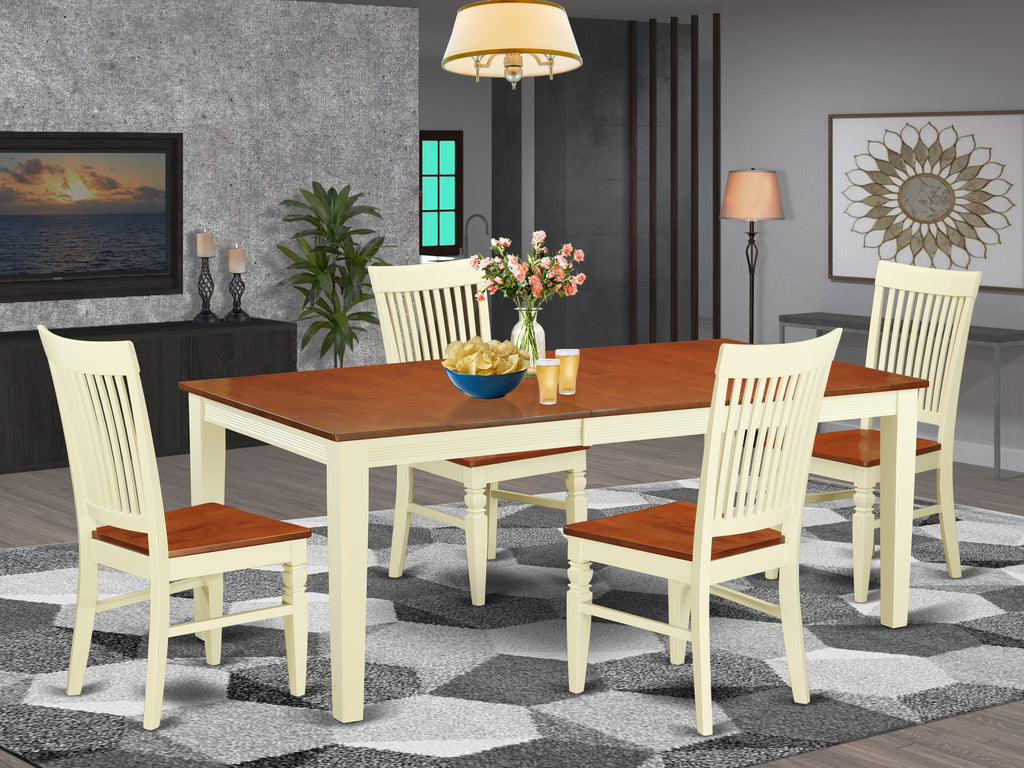 QUWE5-I5U-F 5-Piece Dining Ensemble Rectangular Table with Butterfly Leaf & 4 Chairs, Buttermilk & Cherry