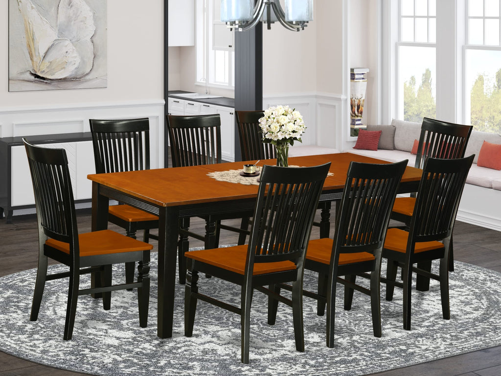 QUWE9-Y99-R Charming 9 Piece Dining Ensemble Elegant Table with Butterfly Leaf and 8 Stylish Chairs, 40x78 Inch, Black & Cherry