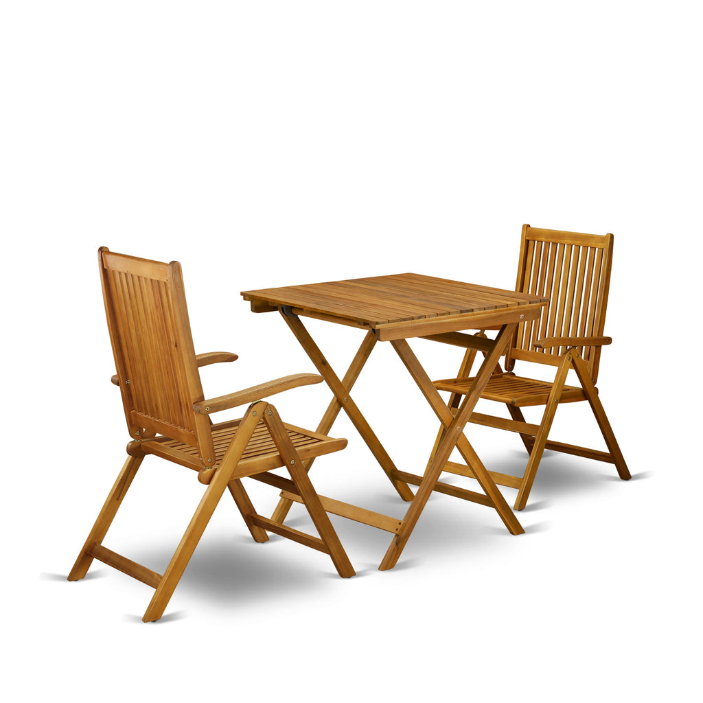 SECN3E8Z3 3 Piece Outdoor Bistro Chat Set with Foldable Chairs & Square Acacia Table, Natural Finish