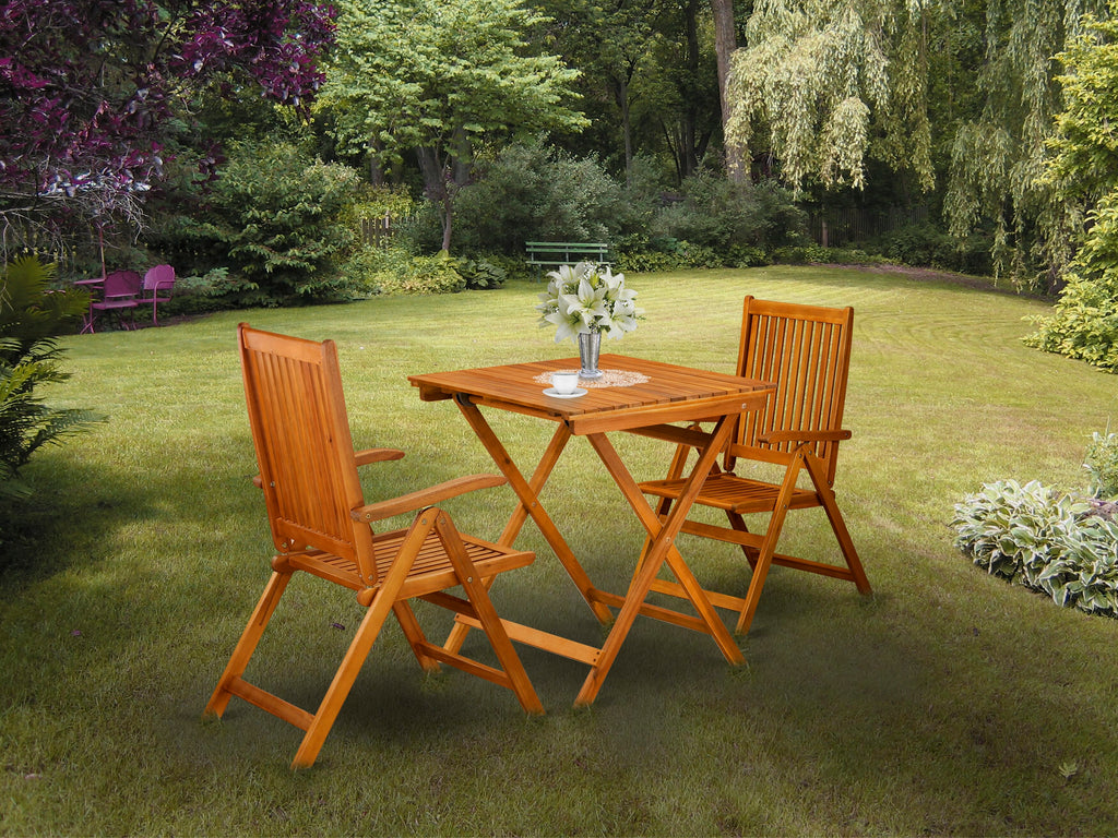 SECN3E8Z3 3 Piece Outdoor Bistro Chat Set with Foldable Chairs & Square Acacia Table, Natural Finish