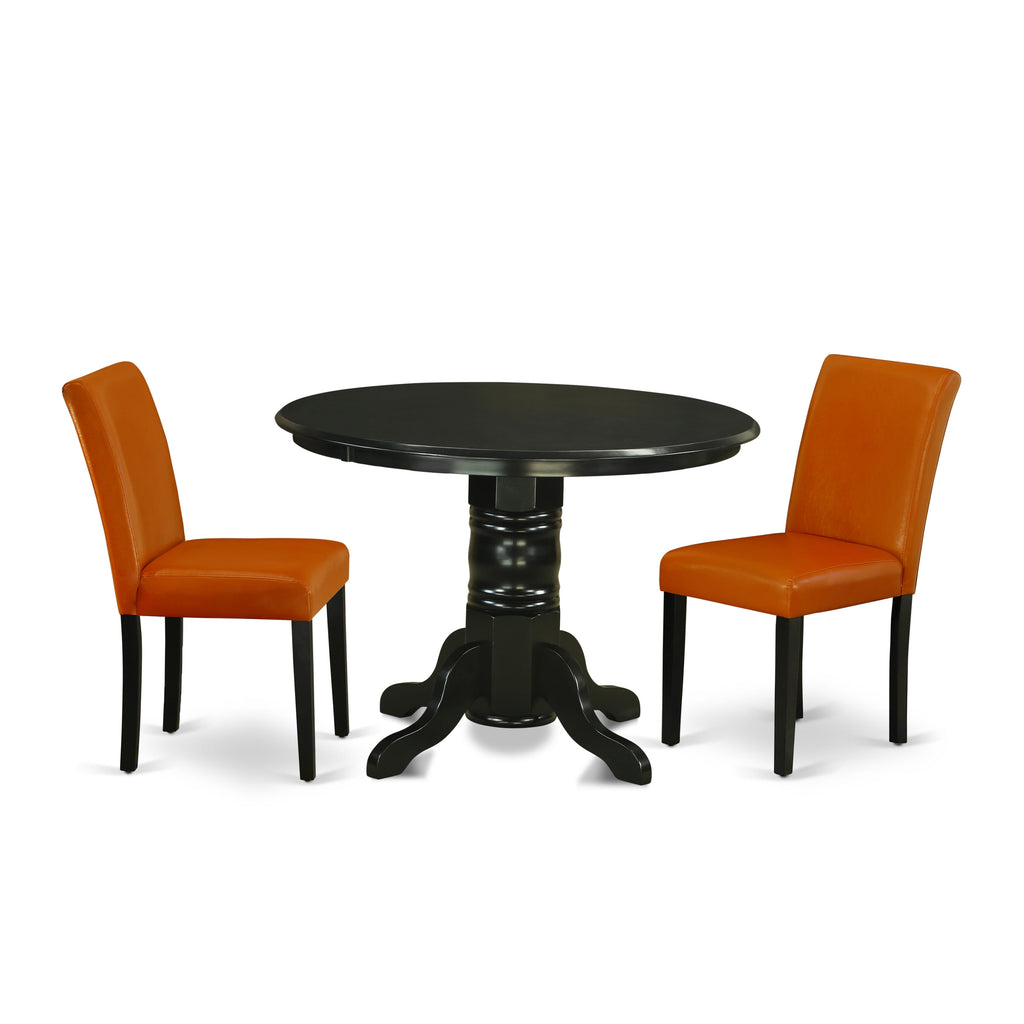 SHAB3-K8X-RY Elegant Black 3-Piece Dining Ensemble Round Table with Pedestal Base & Faux Leather Chairs