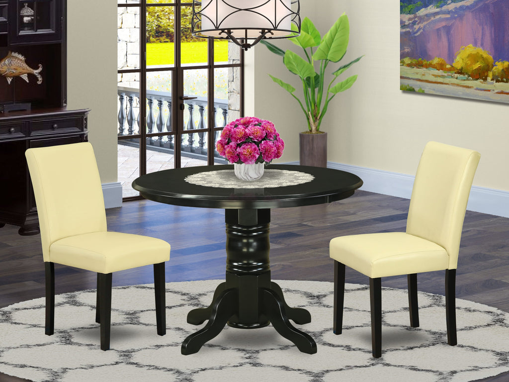 SHAB3-LKZ-MC Compact Dining Ensemble with Round Table & Pair of Leather-Look Eggnog Chairs, Black 42 inches