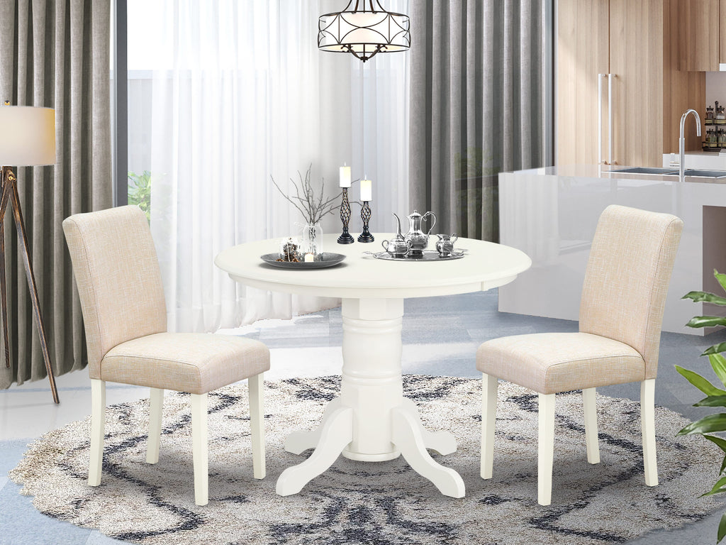 SHAB3-2NR-Z6 3-Piece Dining Ensemble with Round Table, Pedestal Base & 2 Light Beige Linen Parsons Chairs, 42x42 Inch in Soft Linen White