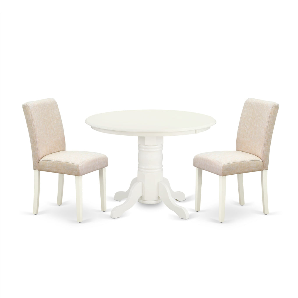 SHAB3-2NR-Z6 3-Piece Dining Ensemble with Round Table, Pedestal Base & 2 Light Beige Linen Parsons Chairs, 42x42 Inch in Soft Linen White