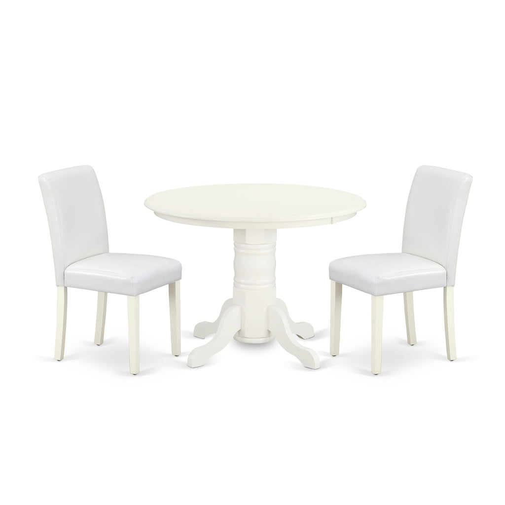 SHAB3-D7C-89 Charming Linen White Dining Set with a Round Table on a Pedestal & 2 Chic Faux Leather Chairs