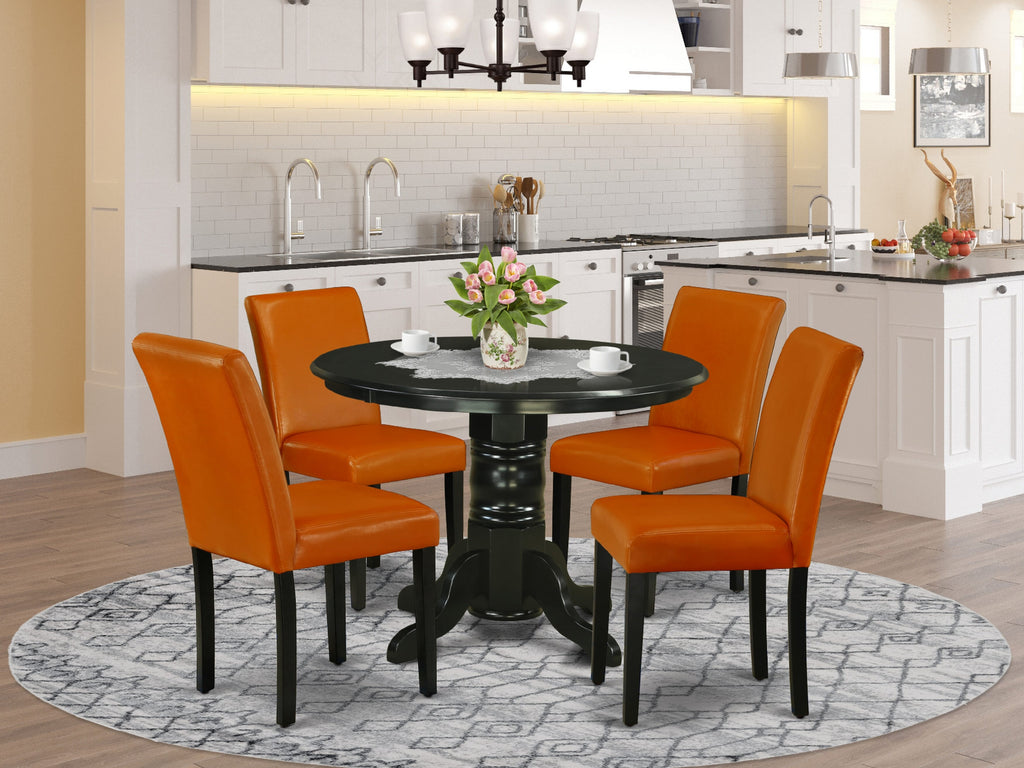 SHAB5-VM5-90 Cozy 5-Piece Dining Set with Round Table and Comfy Faux Leather Seats in Elegant Black Finish